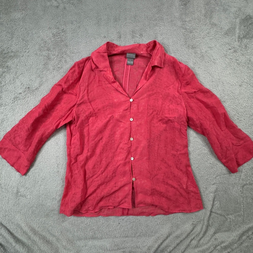 Sigrid Olsen Pink Red Sheer Jacquard Leopard Button Down Blouse 3/4 Sleeve Large